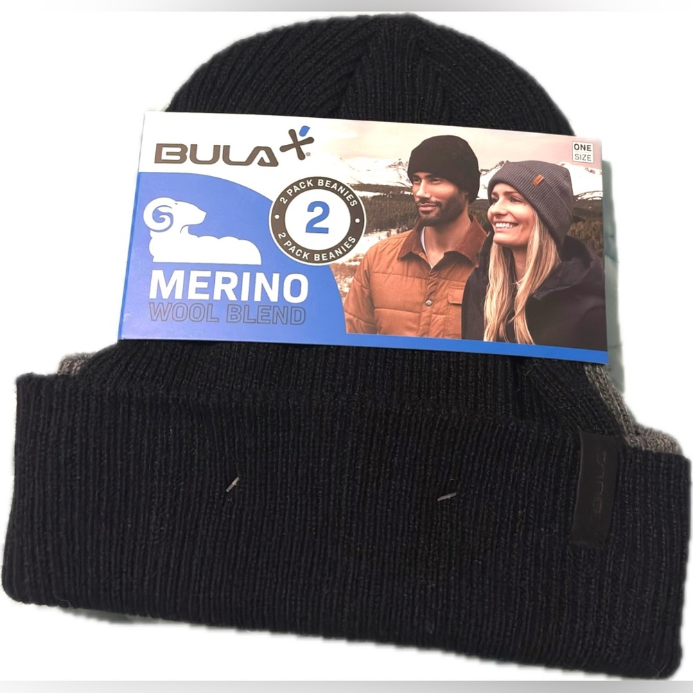 Bula Beanies Hat Merino Wool Blend Skully Adult Black Gray 2 Pk